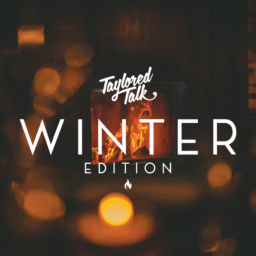 Winter edition text with cozy fireplace background.