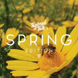Bee on yellow flower, spring edition text.
